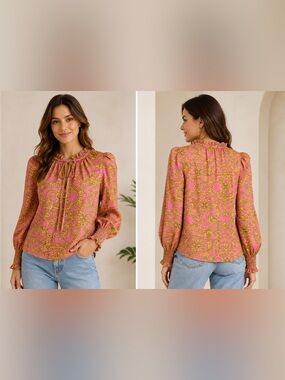 MISA Los Angeles Pink Green Paisley Ruffle Tie Neck Puff Sleeve Blouse XS NWT